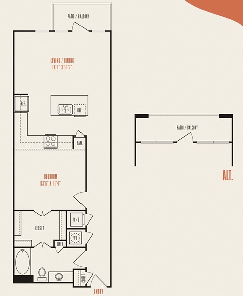 Floor plan for 1 bed, 1 bath, 846 sqft